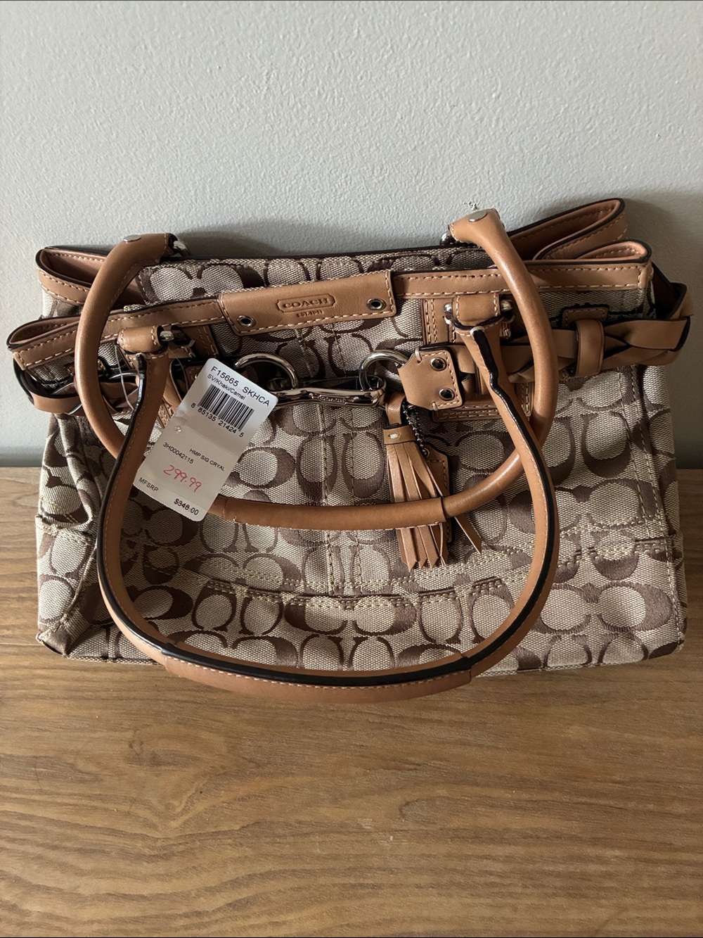 Coach Khaki Signature Canvas Satchel with Tan Leather Trim